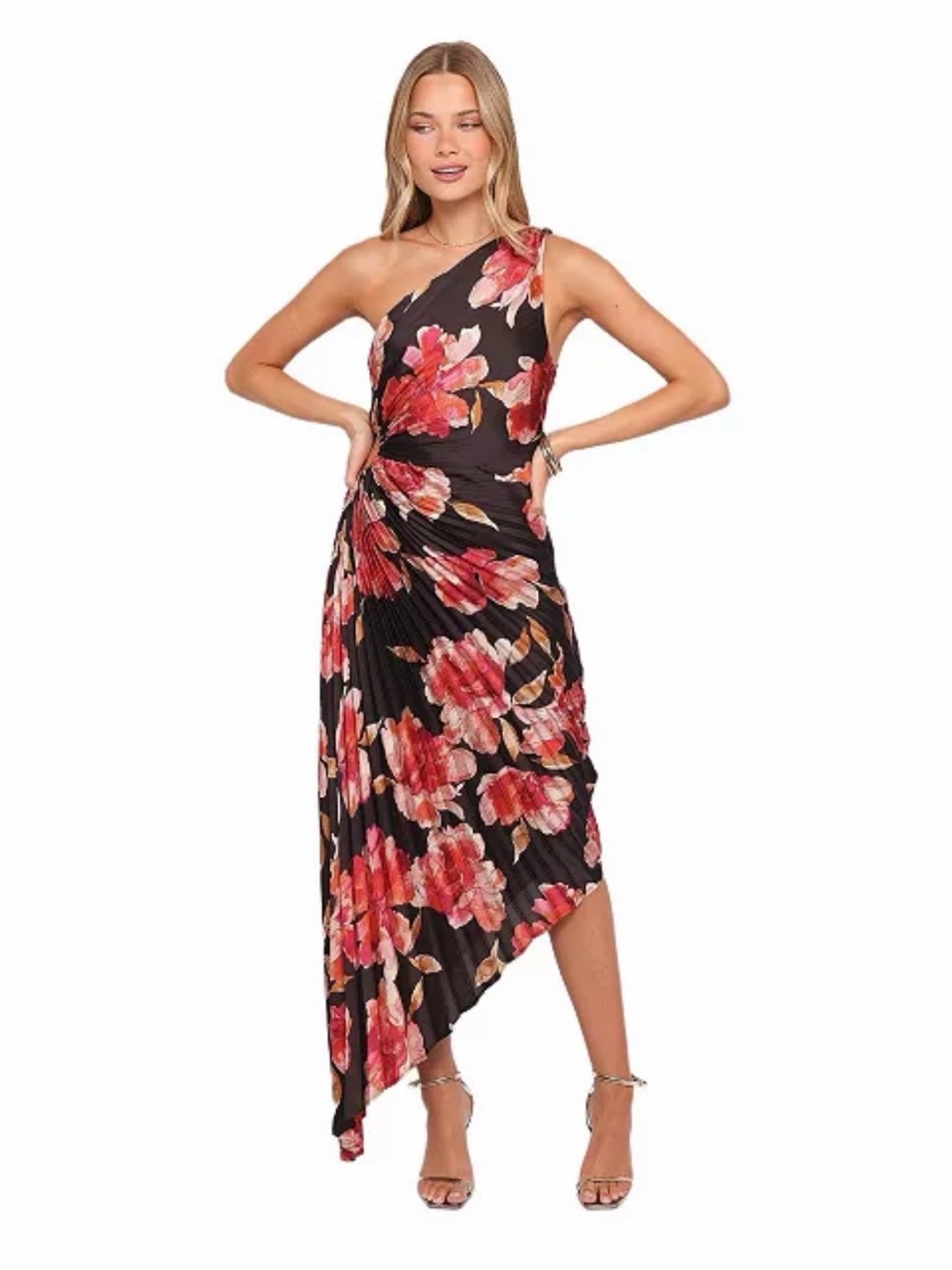 Petal & Pup Black One-Shoulder Floral Asymmetric Midi Dress